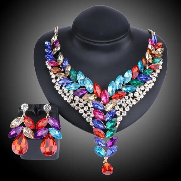 #548 1 Set Women's Luxury Bridal Jewelry Set - Rhinestone Drop Necklace Earrings - Picture 1 of 2